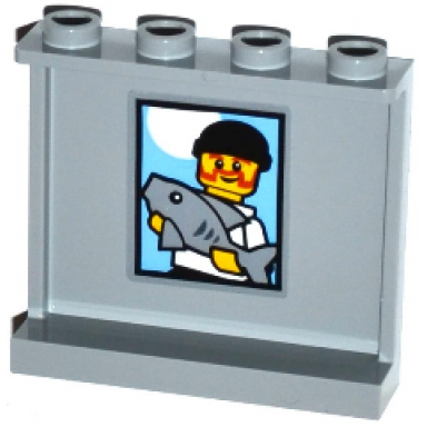 light bluish gray panel 1 x 4 x 3 with side supports - hollow studs with fisherman holding fish portrait pattern on inside sticker - set 60109