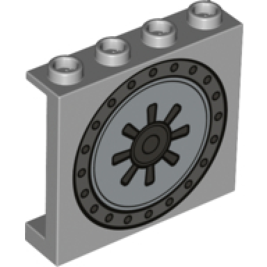 light bluish gray panel 1 x 4 x 3 with side supports - hollow studs with dark bluish gray and metallic silver safe door pattern