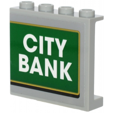 light bluish gray panel 1 x 4 x 3 with side supports - hollow studs with white city bank on green background with gold outline pattern sticker - set 60245