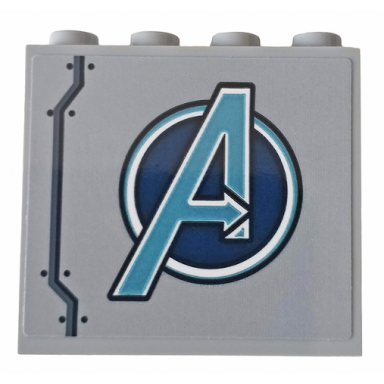 light bluish gray panel 1 x 4 x 3 with side supports - hollow studs with metallic light blue avengers logo and six rivets pattern model right side sticker - set 76143