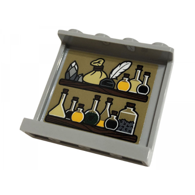 light bluish gray panel 1 x 4 x 3 with side supports - hollow studs with wooden shelves bottles feather and potions pattern on inside sticker - set 76383