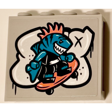 light bluish gray panel 1 x 4 x 3 with side supports - hollow studs with silver graffiti and shark singer minifigure on skateboard pattern sticker - set 60290