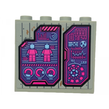 light bluish gray panel 1 x 4 x 3 with side supports - hollow studs with dark pink and medium azure minifigures graphs lines and charts on dark purple display screens pattern sticker - set 76253