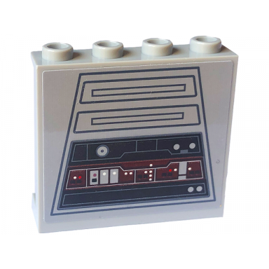 light bluish gray panel 1 x 4 x 3 with side supports - hollow studs with sw wall panels with dark bluish gray trapezoids and rectangles and black control panel with buttons and lights pattern sticker - set 75324