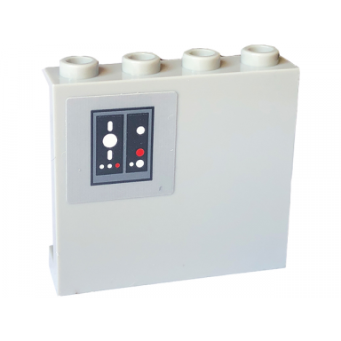 light bluish gray panel 1 x 4 x 3 with side supports - hollow studs with dark bluish gray sw control panel with white and red buttons and lights on black background pattern sticker - set 75324