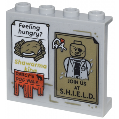 light bluish gray panel 1 x 4 x 3 with side supports - hollow studs with posters feeling hungry? shawarma king darcys dog walk and nick fury join us at s.h.i.e.l.d pattern sticker - set 76218