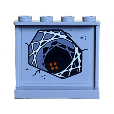 light bluish gray panel 1 x 4 x 3 with side supports - hollow studs with white and dark bluish gray spider web in black dark hole with 4 dark orange circles pattern sticker - set 21348