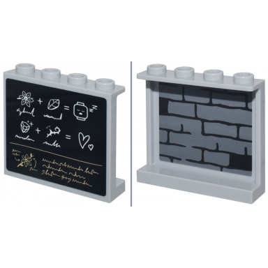 light bluish gray panel 1 x 4 x 3 with side supports - hollow studs with chalkboard white symbols and equation and tan script on outside and dark bluish gray brick wall with black mortar on inside pattern stickers - set 76431