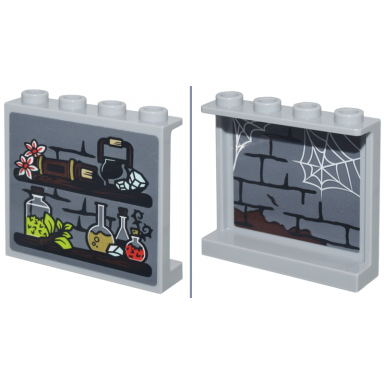 light bluish gray panel 1 x 4 x 3 with side supports - hollow studs with shelves potions flowers and book on outside and dark bluish gray brick wall with black mortar and white spider webs on inside pattern stickers - set 76431