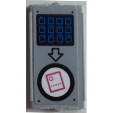 light bluish gray glass for window 1 x 2 x 3 with blue buttons black arrow and dark pink ticket on white circle pattern sticker - set 70640