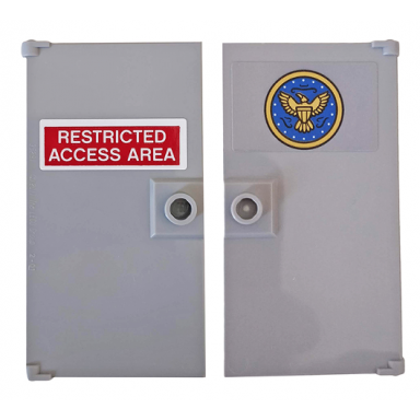 light bluish gray door 1 x 4 x 6 with stud handle with restricted access area on red background and circle with eagle pattern on both sides stickers - set 76157
