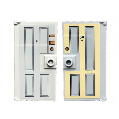 light bluish gray door 1 x 4 x 6 with stud handle with locks and peephole and 5a lock and peephole on back pattern stickers - set 21328