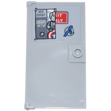light bluish gray door 1 x 4 x 6 with stud handle with blue avengers logo and flyer new exhibit and captain america covering red exit only sign pattern sticker - set 76269