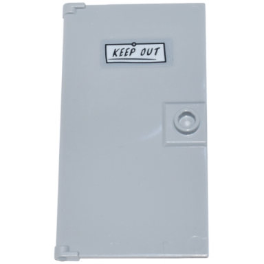 light bluish gray door 1 x 4 x 6 with stud handle with white sign with black keep out pattern sticker - set 76218