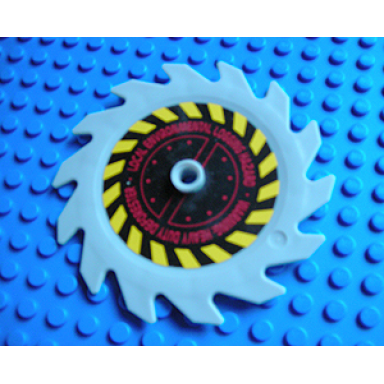 light bluish gray technic circular saw blade 9 x 9 with pin hole and teeth in same direction with black and yellow stripes and dark red pattern sticker - set 8113