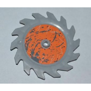 light bluish gray technic circular saw blade 9 x 9 with pin hole and teeth in same direction with splatter and scratches on orange background outside pattern sticker - sets 8708 8963