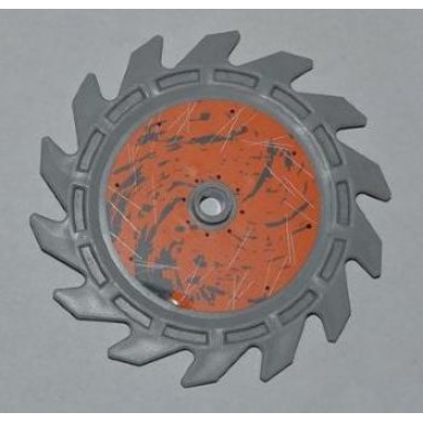 light bluish gray technic circular saw blade 9 x 9 with pin hole and teeth in same direction with splatter and scratches on orange background inside pattern sticker - sets 8708 8963