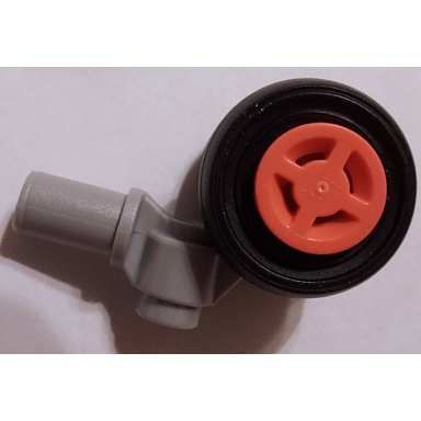 light bluish gray technic pin with dual wheels holder with coral wheels with slot and black tires 61483 34337 59895