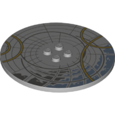 light bluish gray tile round 8 x 8 with 4 studs in center with dark bluish gray and gold circles pattern