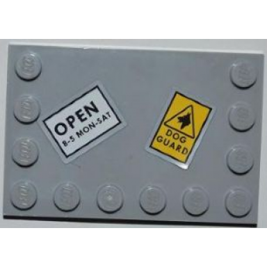 light bluish gray tile modified 4 x 6 with studs on edges with open 8-5 mon-sat and dog guard pattern stickers - set 8199