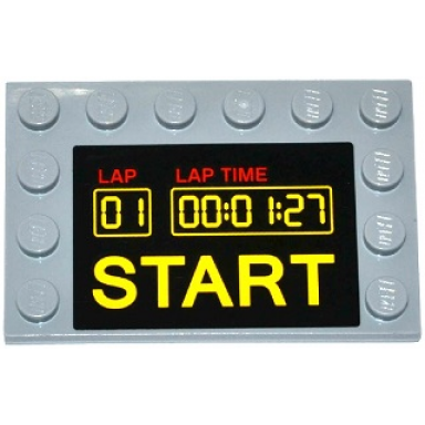 light bluish gray tile modified 4 x 6 with studs on edges with digital clock counter and lap lap time and start pattern sticker - set 75912