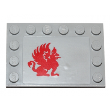 light bluish gray tile modified 4 x 6 with studs on edges with red gryphon pattern model right side sticker - set 75081