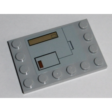 light bluish gray tile modified 4 x 6 with studs on edges with dark tan hatch and black outlined hatch with dark red button pattern sticker - set 75140