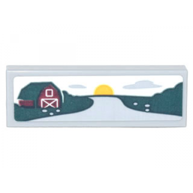 light bluish gray tile 1 x 3 with landscape road barn clouds and sunset pattern sticker - set 10290