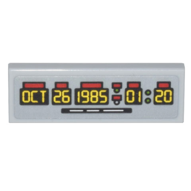 light bluish gray tile 1 x 3 with time machine digital clock yellow oct 26 1985 01:20 pattern sticker - set 10300