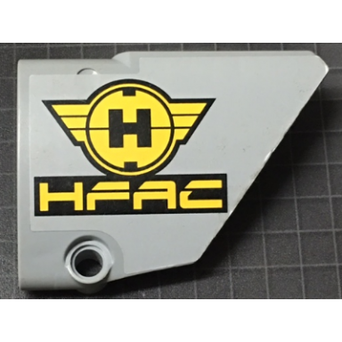 light bluish gray technic panel fairing 14 large short smooth side b with black and yellow hero factory symbol and hfac pattern sticker - set 7160