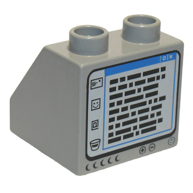 light bluish gray duplo brick 2 x 2 x 1 1 2 slope 45 with computer screen with handling instructions display pattern
