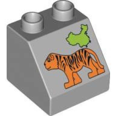 light bluish gray duplo brick 2 x 2 x 1 1 2 slope 45 with lime china map and orange tiger pattern