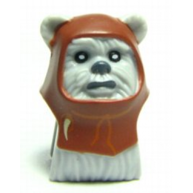 light bluish gray minifigure head modified sw ewok with reddish brown hood with white tooth pattern