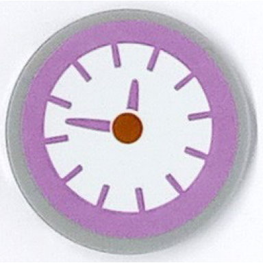 light bluish gray tile round 3 x 3 with clock with medium lavender hands and border pattern sticker - set 41682
