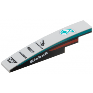 light bluish gray slope curved 6 x 1 with petronus logo crowdstrike pirelli akkodis and sap logos white einhell and dark turquoise and red stripes on black background on both sides pattern