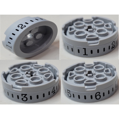 light bluish gray brick round 4 x 4 with recessed center and hole with black lines and number 1 2 3 4 5 6 pattern sticker - set 910016