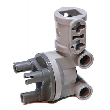 light bluish gray technic steering wheel hub holder shock absorber head with 2 pin joiners and shaft with 2 axle holes with dark bluish gray wheel hub 3 pins round 69636 92909