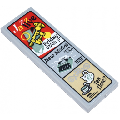 light bluish gray tile 2 x 6 with sign with jazz live and yellow trumpet new model t.c and typewriter and tea time? and white tea pot and cup pattern sticker - set 21347