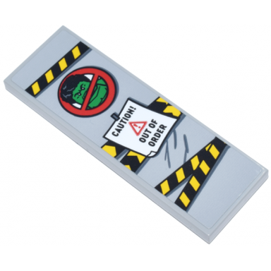 light bluish gray tile 2 x 6 with black and yellow danger stripes police tape red and green no hulk allowed and white caution out of order sign pattern sticker - set 76269