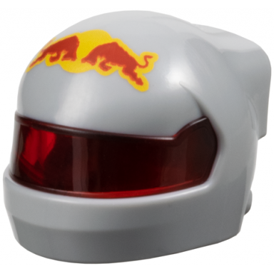 light bluish gray minifigure headgear helmet formula one with molded trans-red visor and printed red and yellow red bull logo pattern