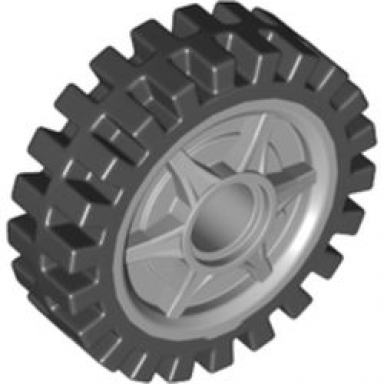 light bluish gray wheel 24 x 7 with shallow spokes with fixed black rubber tire