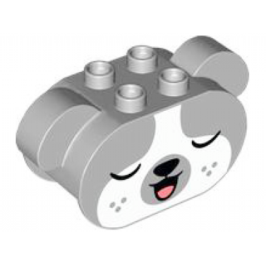 light bluish gray duplo brick 2 x 6 x 2 1 2 oval ends rounded ears on sides with black nose coral tongue white face with whiskers and open eyes closed eyes pattern