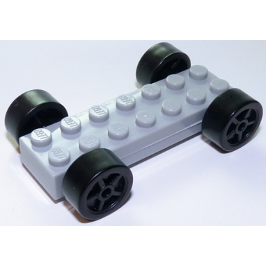 light bluish gray vehicle base fast food racer 2 x 7 x 2 3 with black spoked wheels slicks