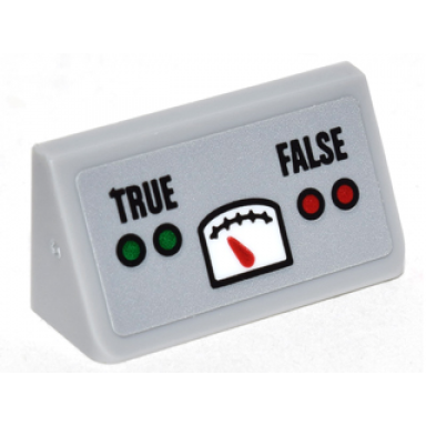 light bluish gray slope 30 1 x 2 x 2 3 with gauge red and green circle buttons and true and false pattern sticker - set 76052