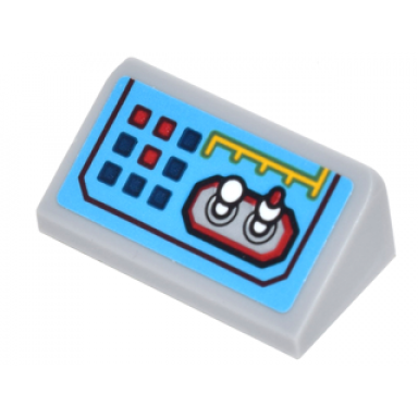 light bluish gray slope 30 1 x 2 x 2 3 with control panel with red and blue square buttons yellow lines and white toggles switches pattern sticker - set 70905