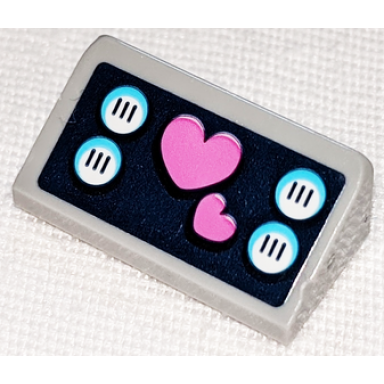 light bluish gray slope 30 1 x 2 x 2 3 with dark pink hearts and white buttons on dark blue background pattern sticker - set 41347