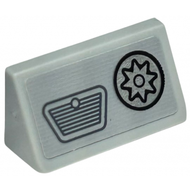 light bluish gray slope 30 1 x 2 x 2 3 with dark bluish gray dashboard grille and silver gear cog in circle with black outline pattern sticker - set 76424