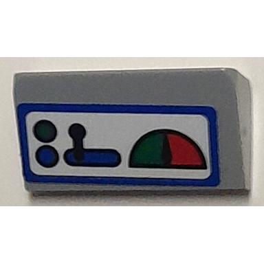 light bluish gray slope 30 1 x 2 x 2 3 with train control panel with red and green gauge lever and lights on white background with blue border pattern sticker - set 40166