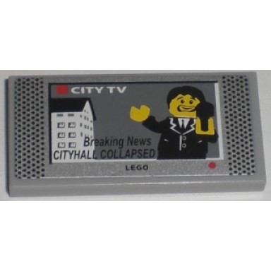 light bluish gray tile 2 x 4 with breaking news cityhall collapsed city tv screen pattern sticker - set 7208