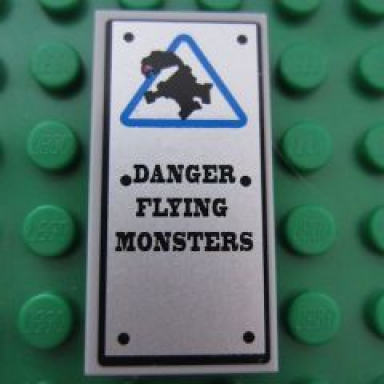 light bluish gray tile 2 x 4 with danger flying monsters and blue triangle pattern sticker - set 8190